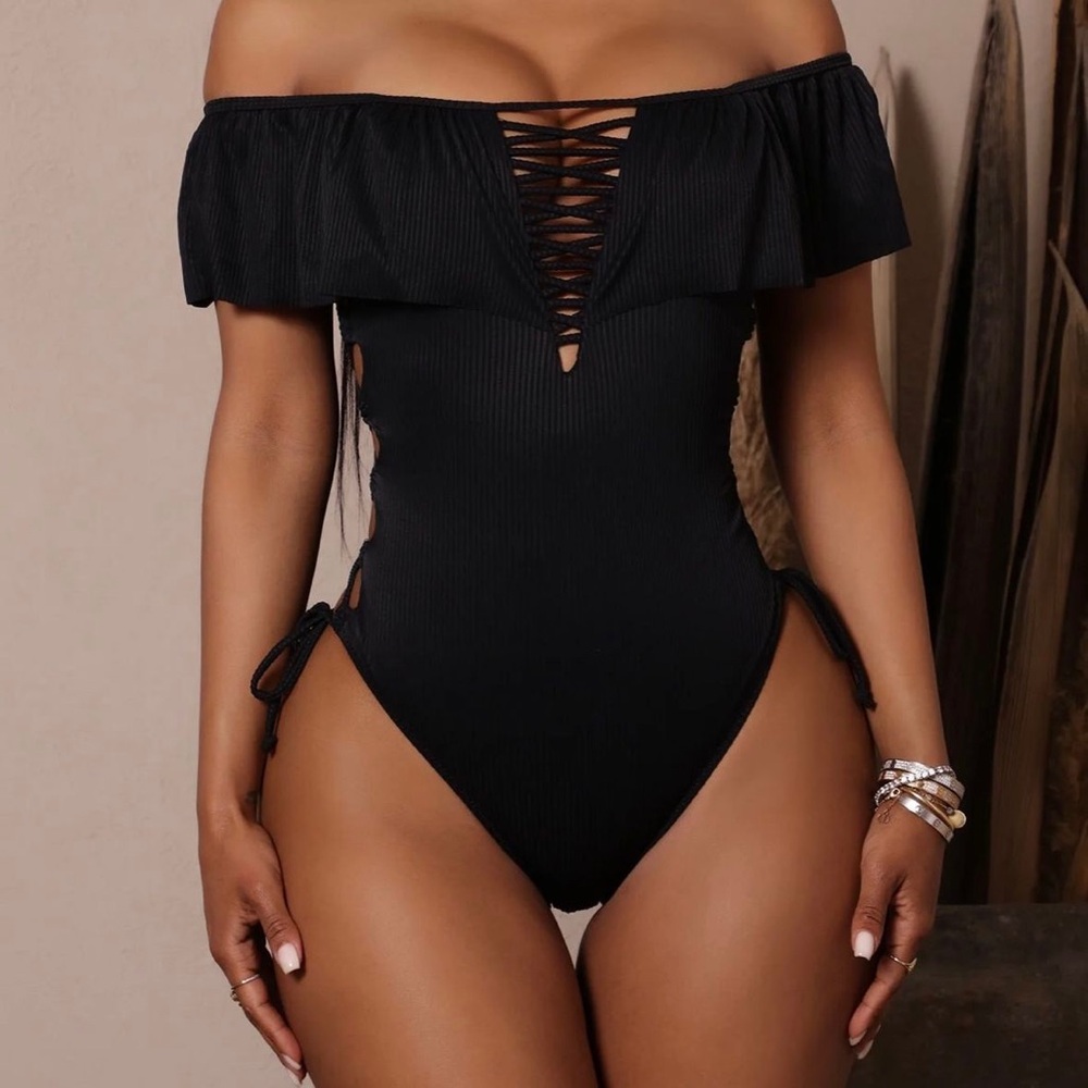 TiniBikini One Piece Ruffle Top Swimsuit, NWT Black, XL